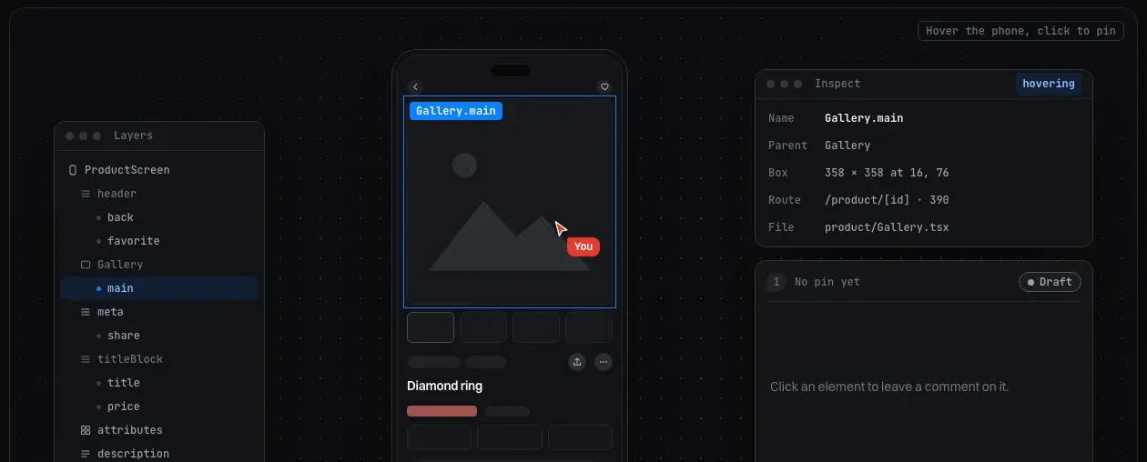 CRABZLAB layers, a live phone with a hovered element, and the inspect panel