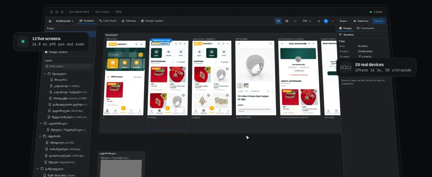 CRABZLAB canvas with Goldmarket routes live side by side, layers on the left