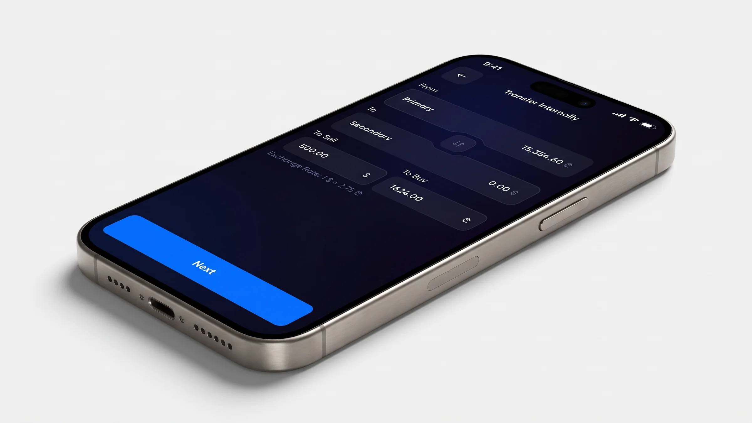 MultiPay internal transfer screen on an iPhone, converting between primary and secondary accounts