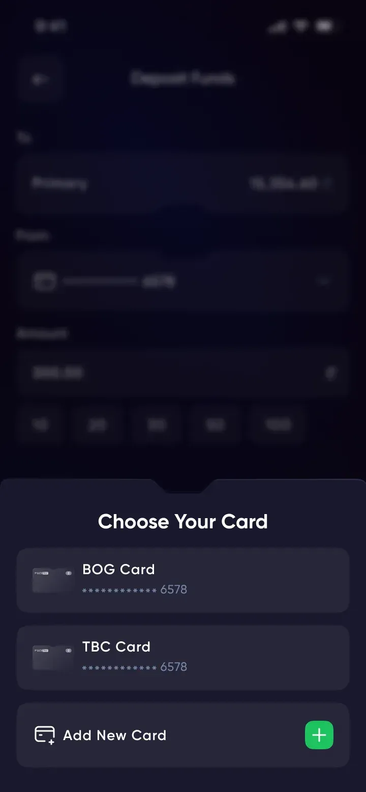 MultiPay card picker sliding up as a panel over the form