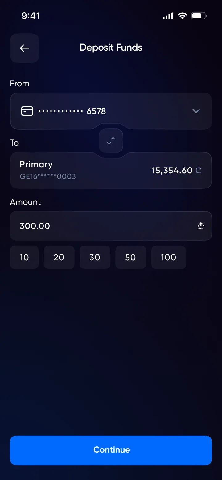 MultiPay top-up form filled in: from, to and amount