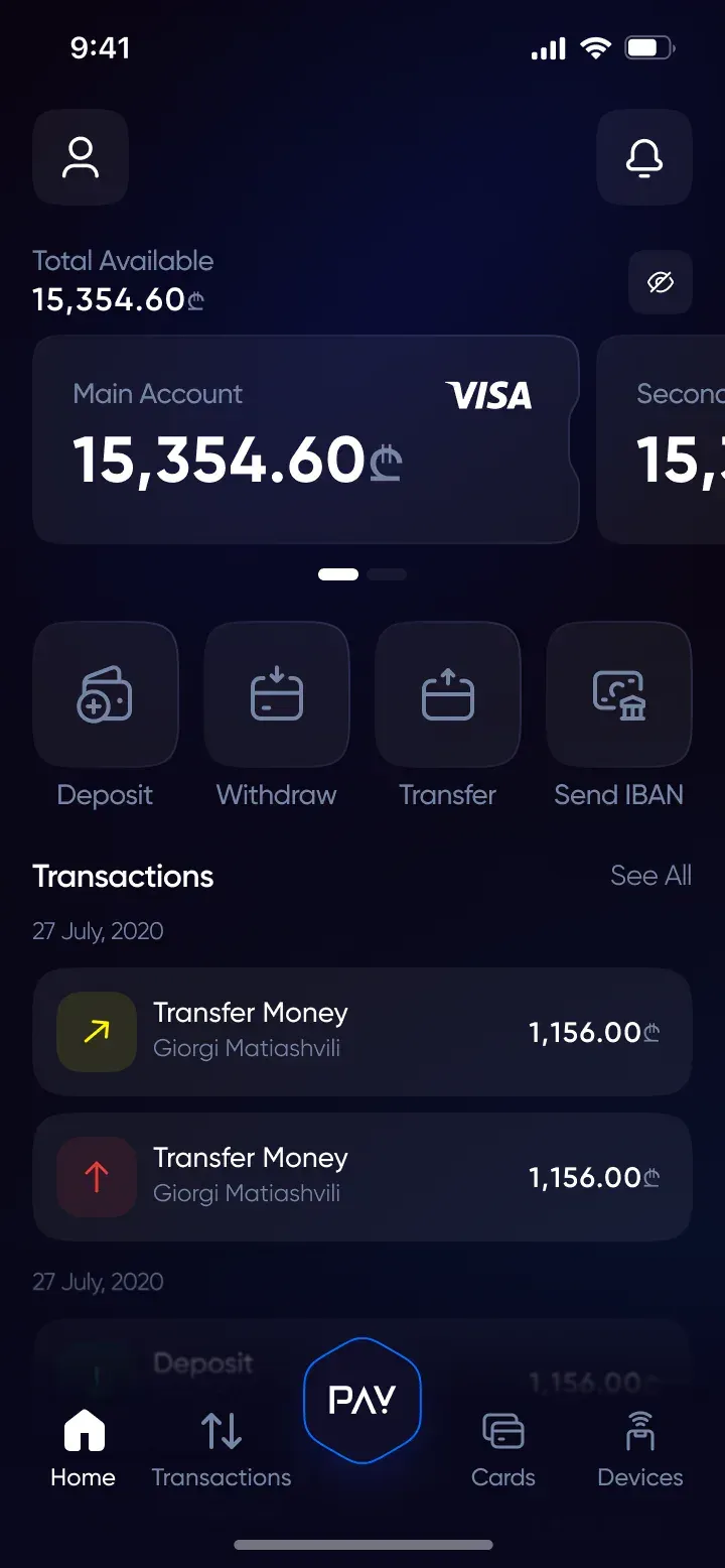 MultiPay home: one total balance across currencies, with cards below