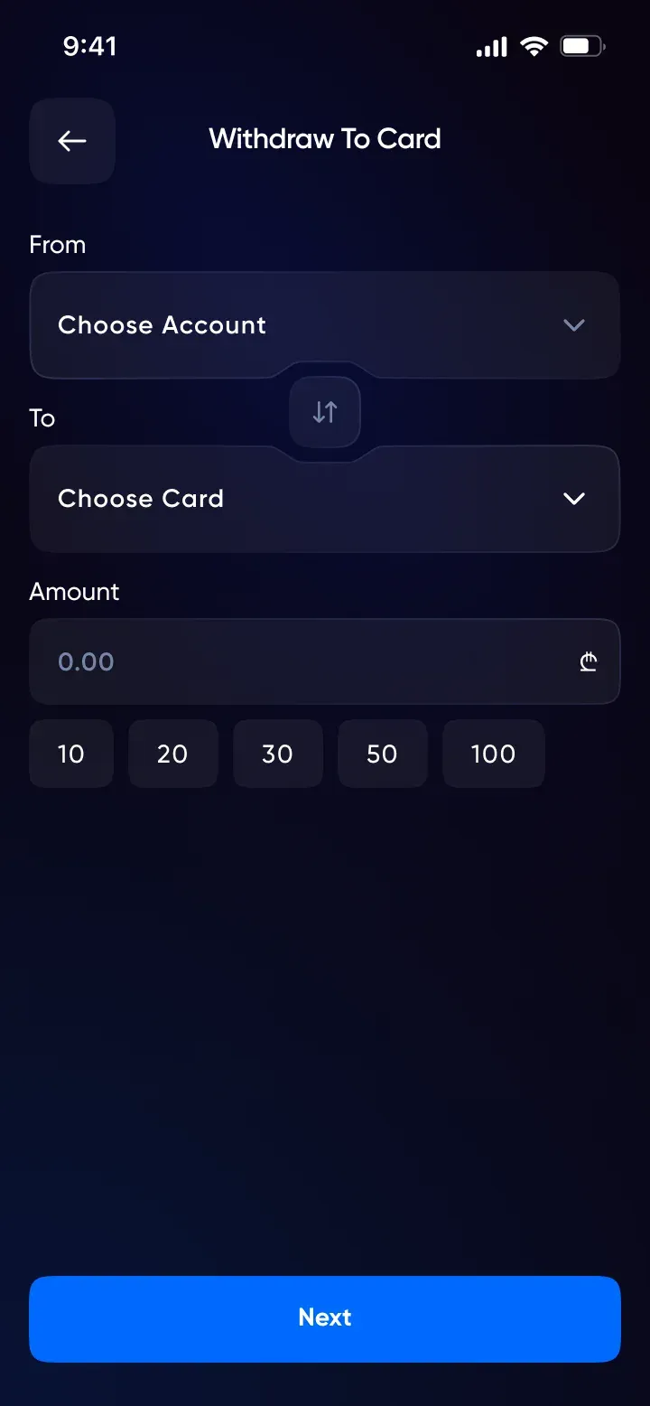 MultiPay withdraw: the same form reversed, account to card