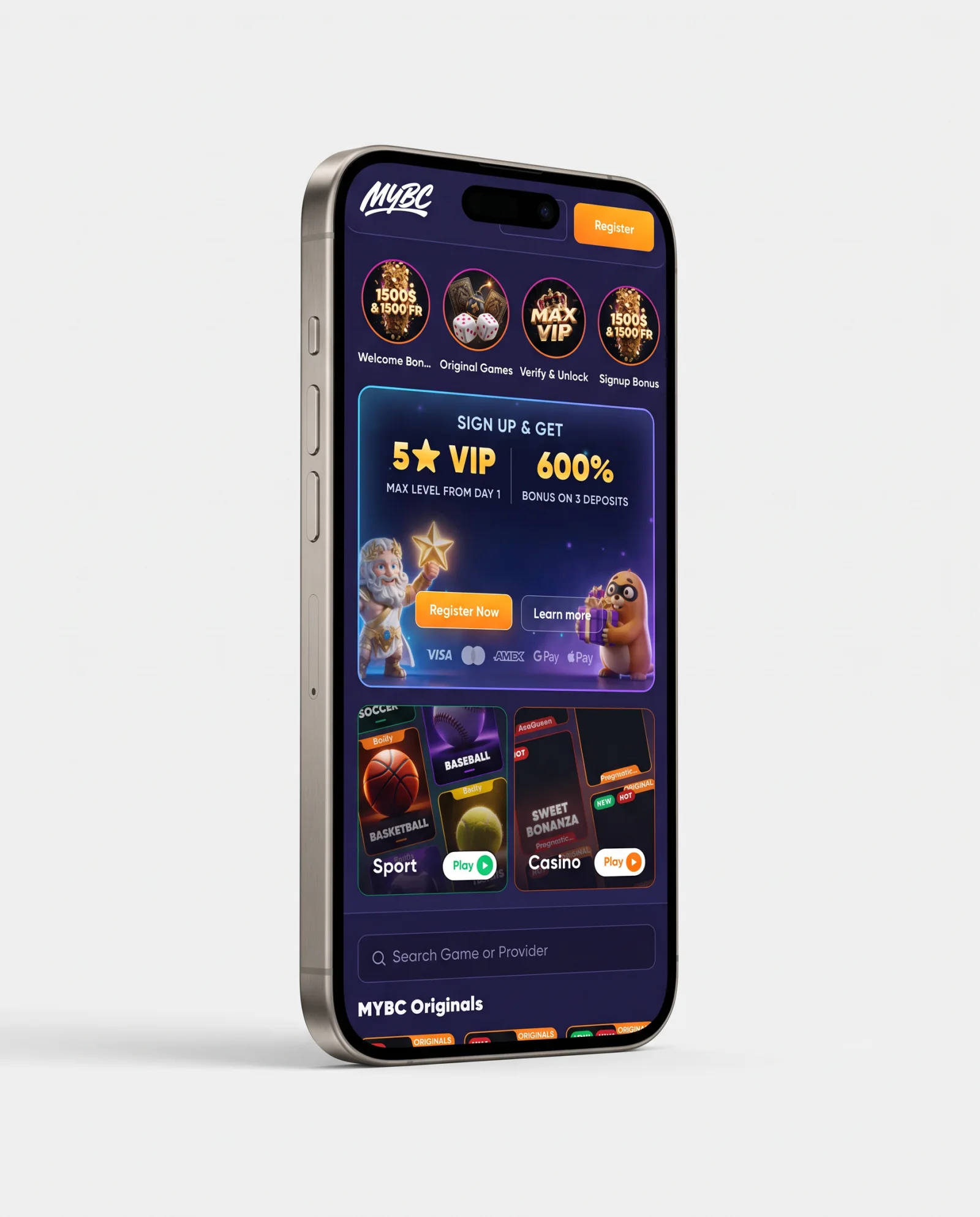 MYBC casino and sportsbook home on a phone