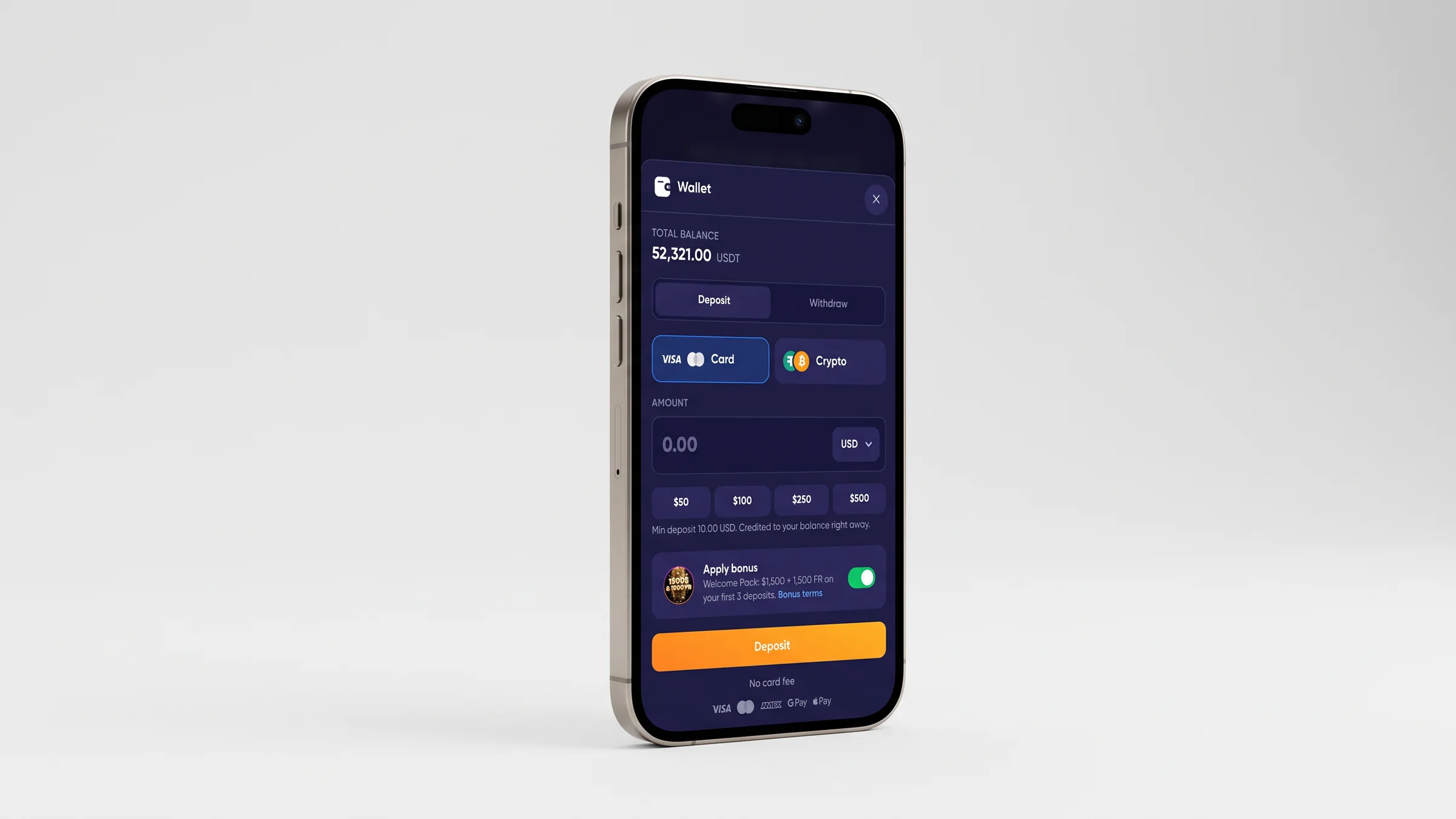 MYBC wallet on an iPhone: balance, card or crypto deposit and quick amounts