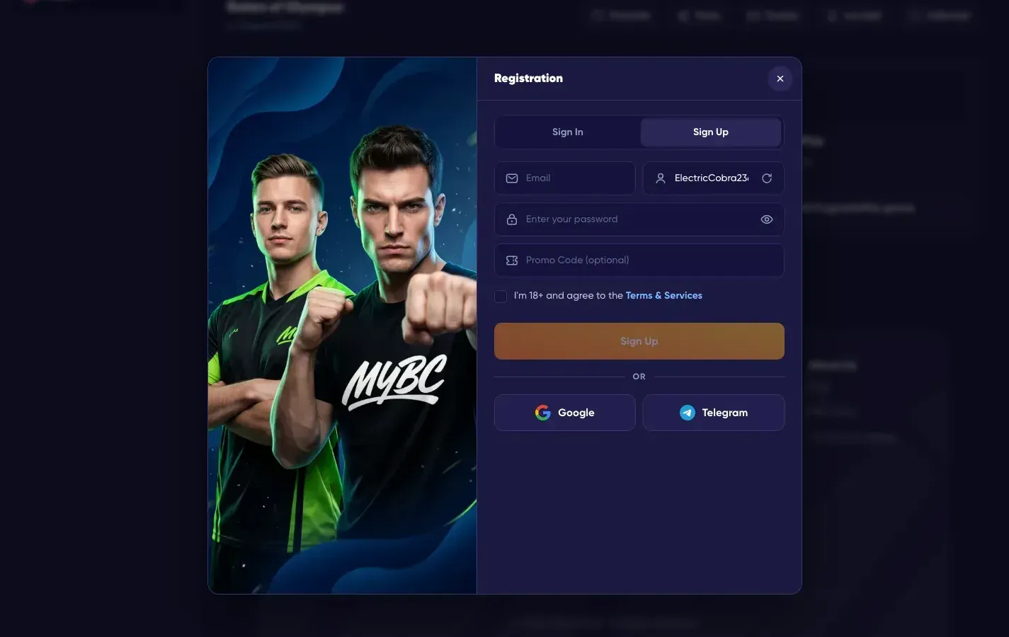 MYBC sign-up dialog on the shared form system