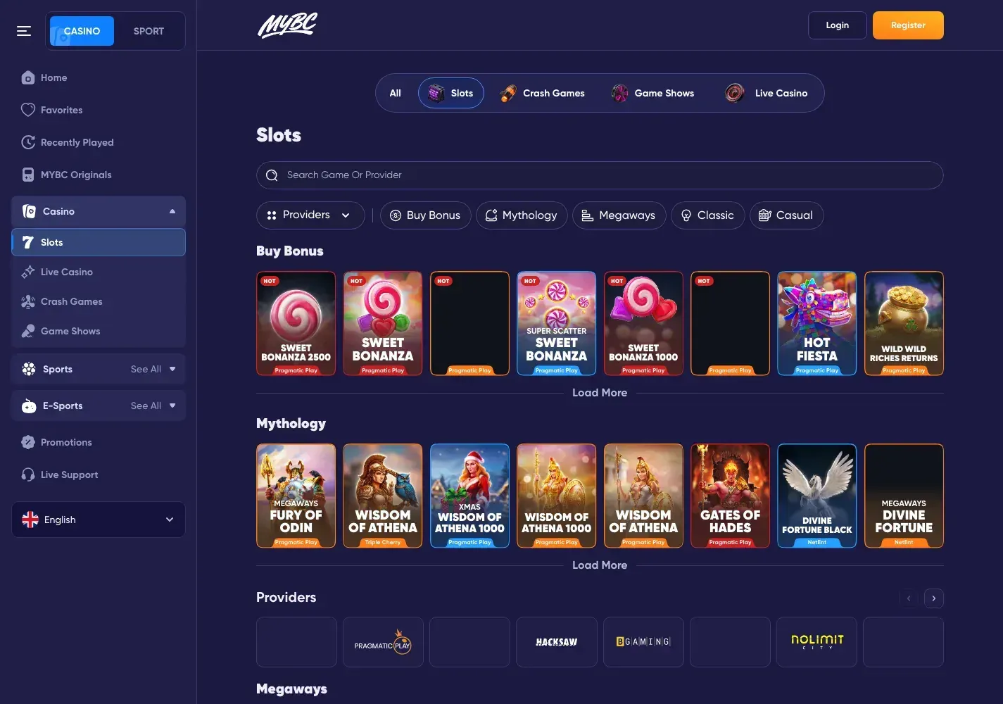 Live MYBC casino lobby with the new game cards