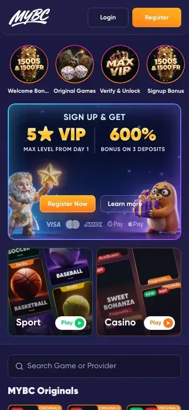 Live MYBC home on a phone with the first-deposit banner